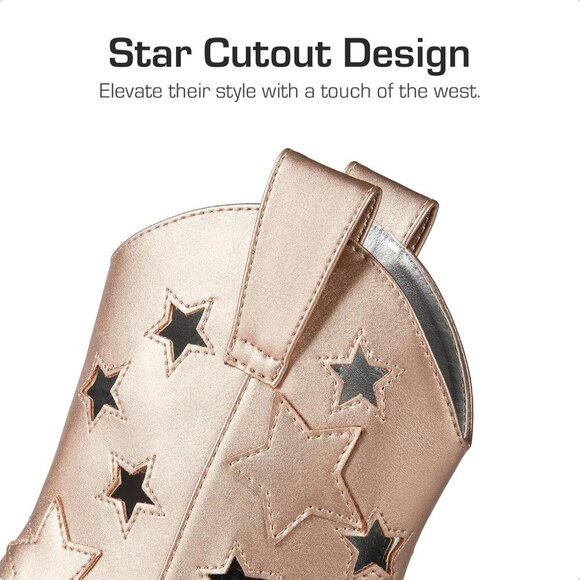 Girls Golden Cowgirl Boots Mid Calf Western Star Glitter Cowboy Riding Shoes - Picture 2 of 5